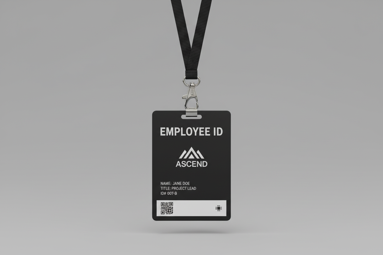 A black plastic ID card with white printing attached to a standard black lanyard with a metal clasp