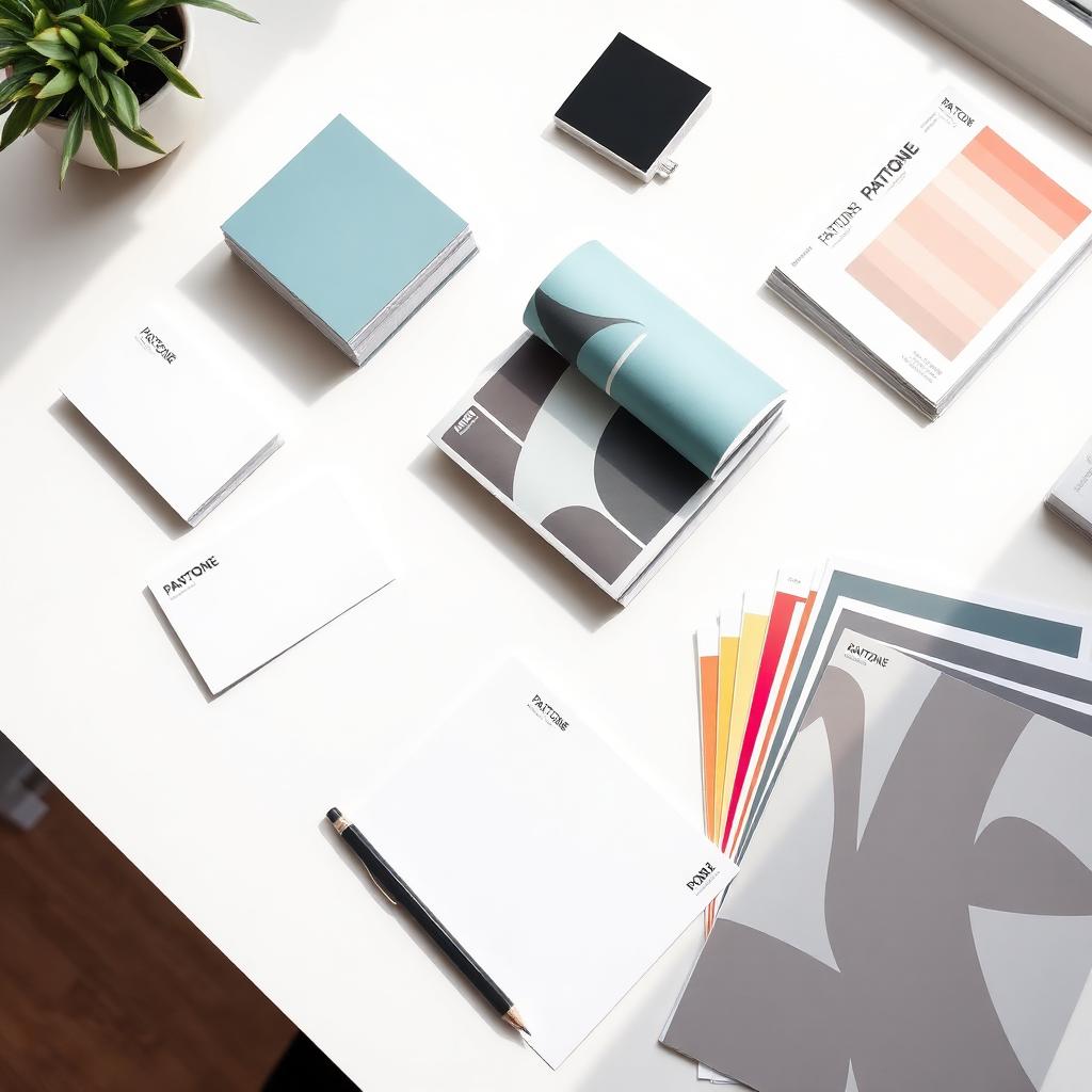 A flat-lay of design print materials and digital layouts on a desk