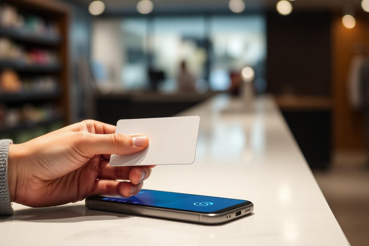 A printed NFC card held near a smartphone