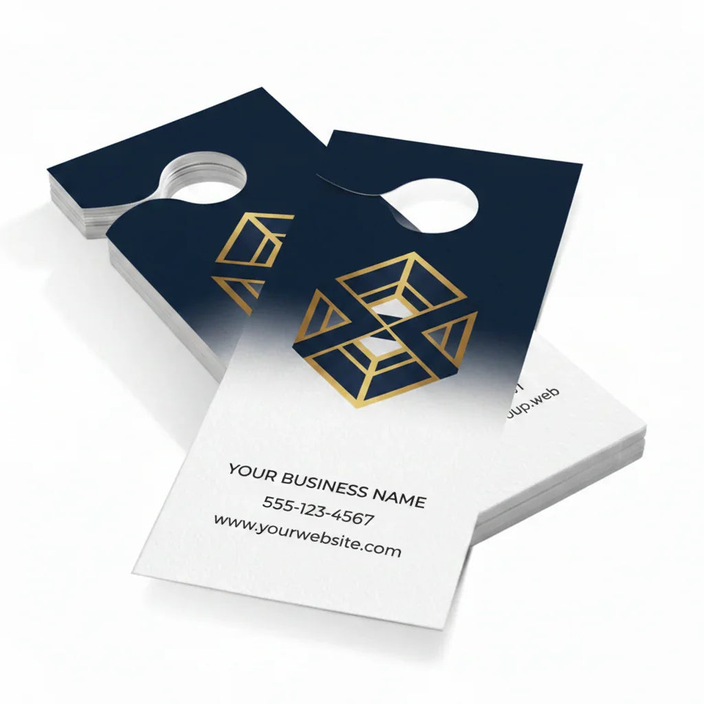 Door Hanger display with colorful logo and contact information on a white background