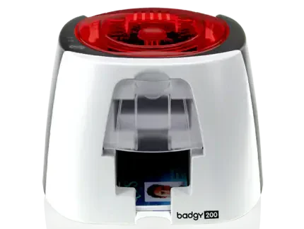 Compact white Evolis Badgy200 ID card printer with red top and printed card visible