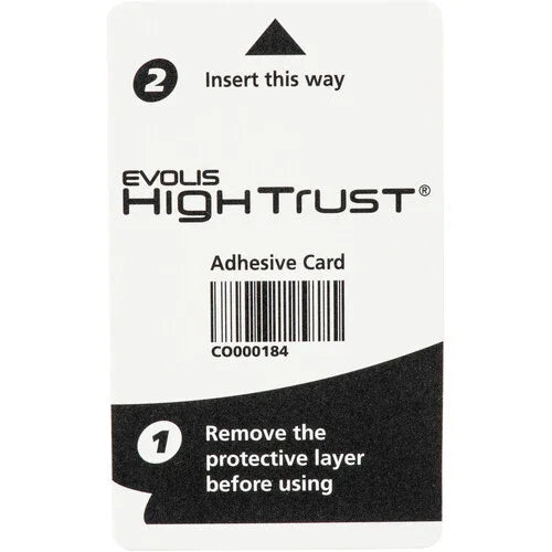 Evolis High Trust adhesive card for ID card printers with usage instructions and barcode.