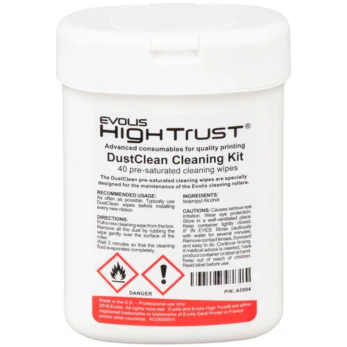 Evolis High Trust DustClean Cleaning Kit container with 40 ID card printer cleaning wipes