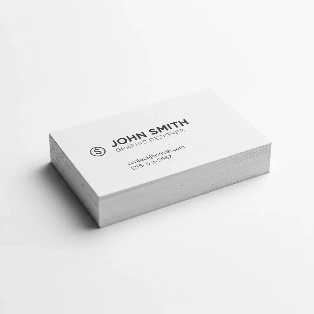 Stack of custom printed business cards on a white background, minimal design.