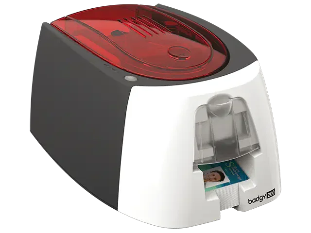 Evolis Badgy200 compact ID card printer with clear output tray and red top cover