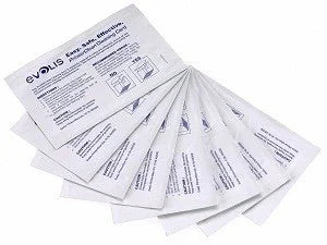 Evolis printer cleaning cards fanned out on a white surface, ID card printer supplies