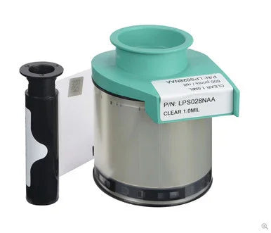 Clear printer ribbon cartridge, labeled LPS028NAA, for ID card printer supplies.