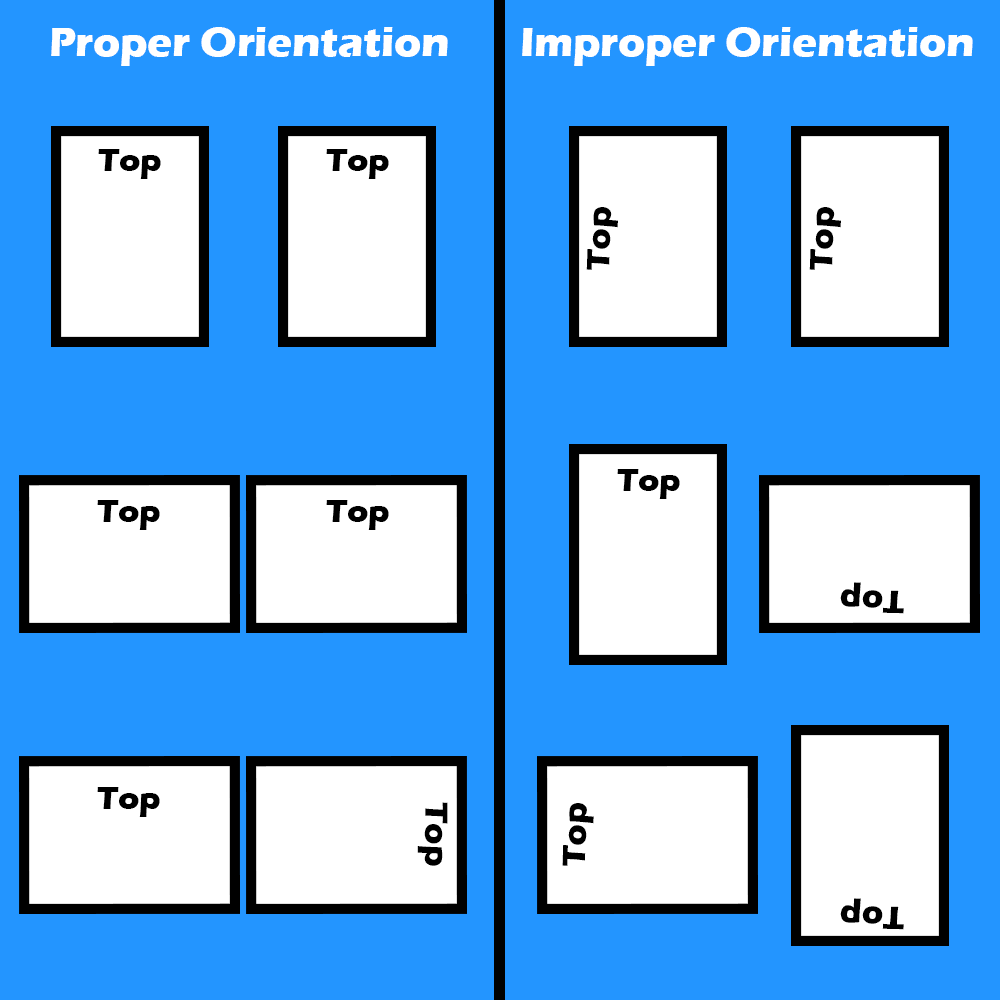 Visual guide comparing proper and improper ID card orientation for printing.