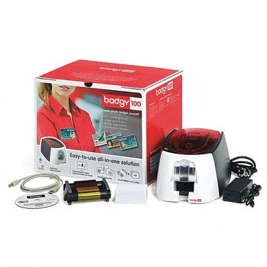 Badgy 100 ID card printer bundle with supplies, cables, power adapter, and software CD