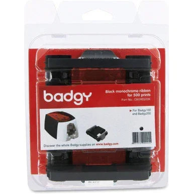 Black monochrome printer ribbon for 500 prints in retail packaging, compatible with Badgy100 and Badgy200