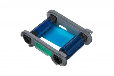 Blue printer ribbon cartridge for ID card printer, shown on white background.