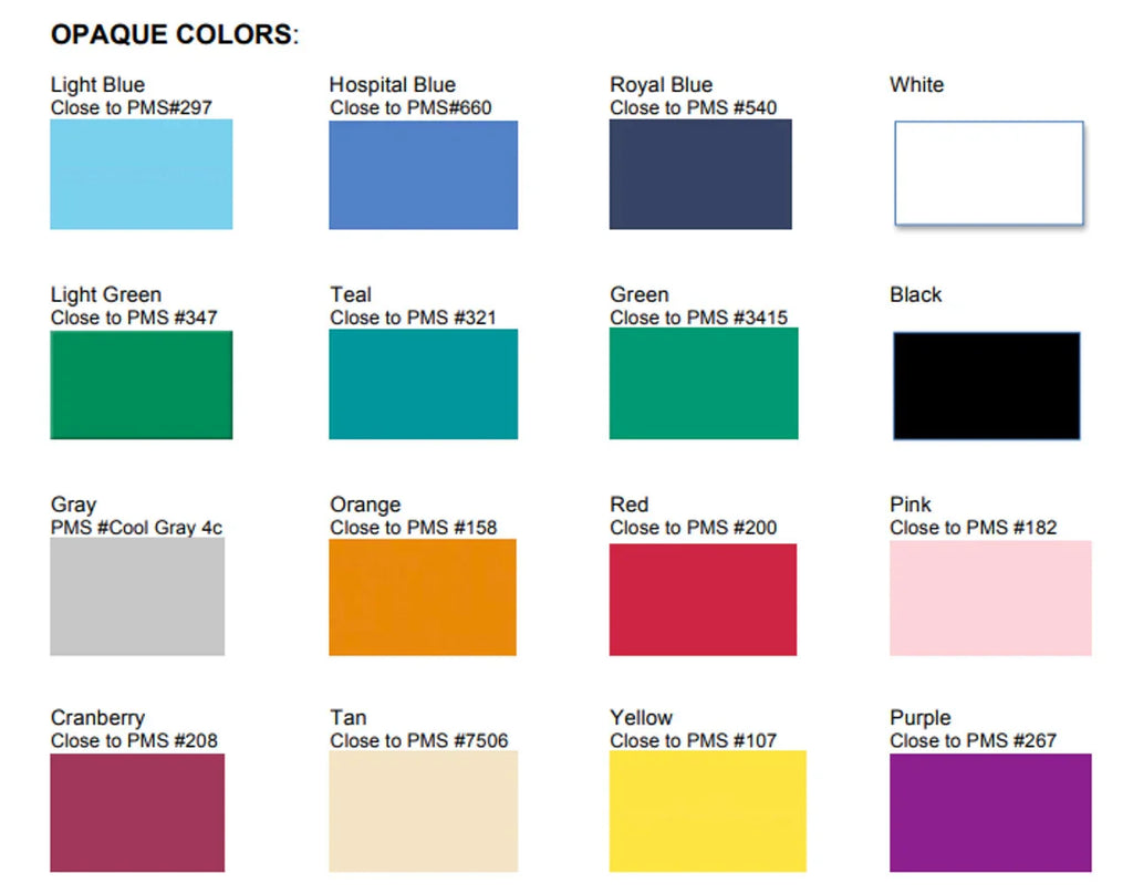 Opaque ID card color swatches in 16 shades including blue, green, red, black, pink, and yellow.