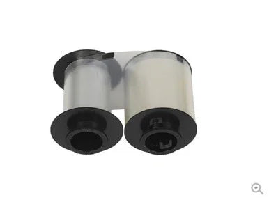 Clear printer ribbon cartridge for ID card printer on a white background