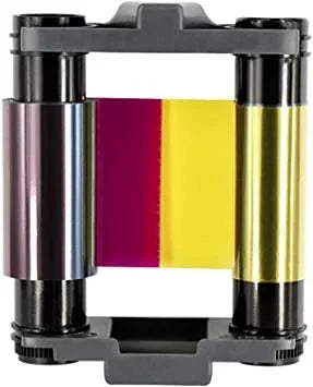 Color printer ribbon cartridge for Evolis ID card printers, showing yellow, magenta, and black panels.