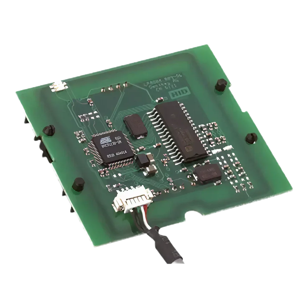 Green dual-encoding circuit board for ID card printers with electronic components and wiring.