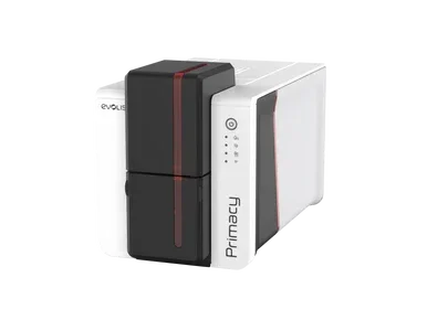 Evolis Primacy 2 desktop ID card printer with sleek white and black design for card printing