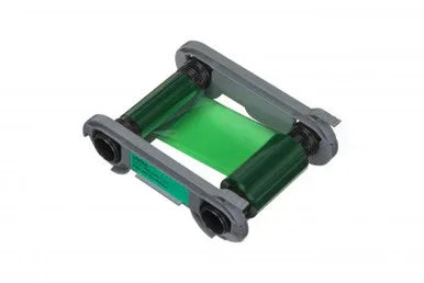 Green printer ribbon cartridge for Evolis ID card printer, isolated on white background