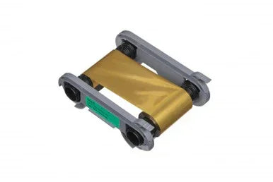 Metallic gold printer ribbon cartridge for ID card printing on white background