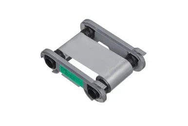 Metallic silver printer ribbon for ID card printers, shown on white background