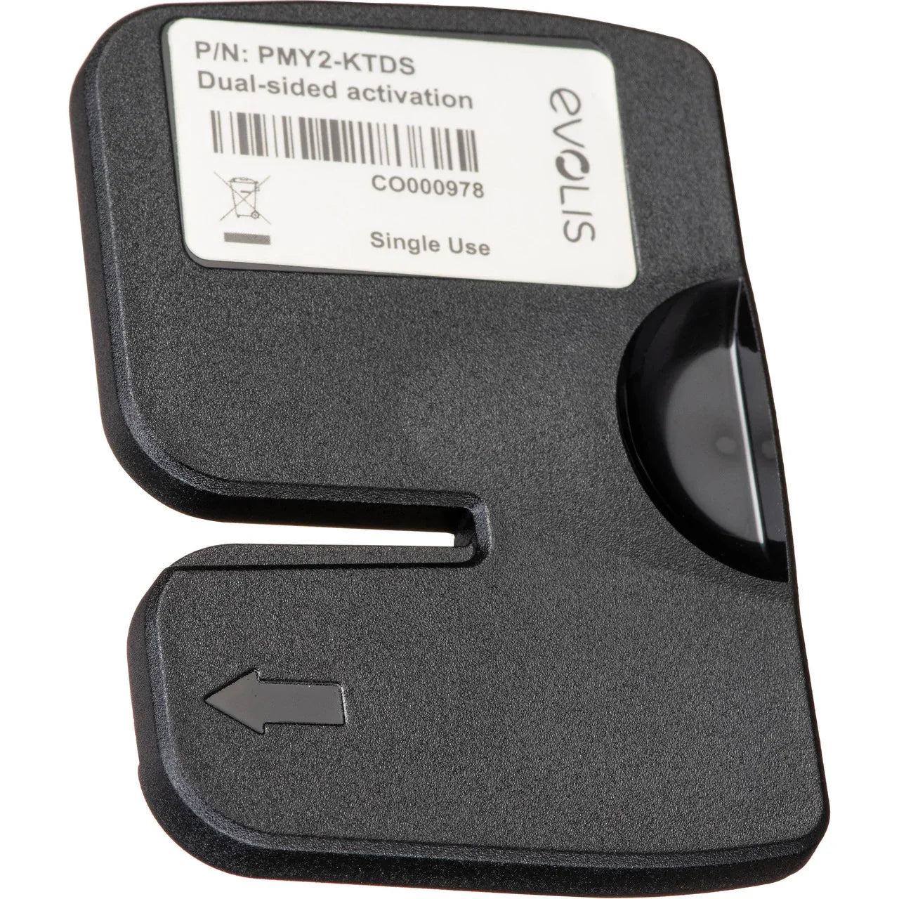 Evolis dual-sided activation card, black plastic with barcode and arrow, printer supply