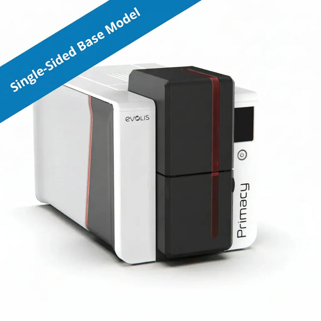 Evolis Primacy single-sided ID card printer, white and black, on white background