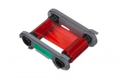 Red printer ribbon cartridge for Evolis ID card printer supplies on white background