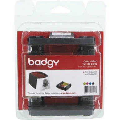 Color ribbon cartridge for ID card printers, packaged for 100 prints, visible printer icons.