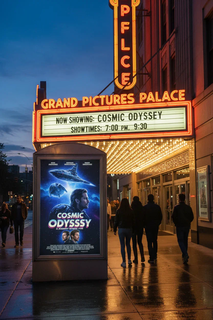 27x40 movie poster for 'Cosmic Odyssey' displayed outside theater as people enter for screening