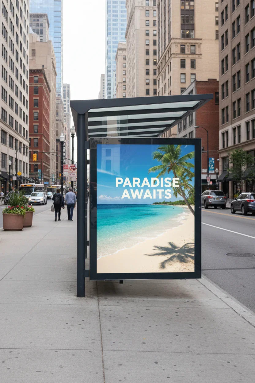 40x60 poster with beach and palm trees displayed at a bus stop on a city street