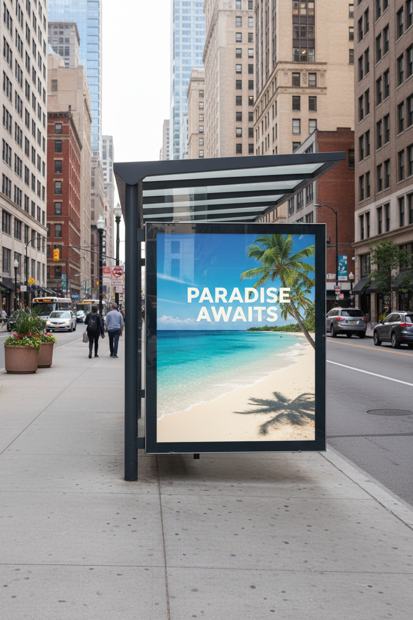 a 40x60 poster hanging in a bus stop display