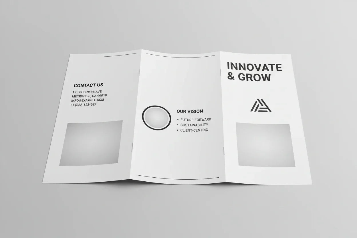 Black and white trifold brochure mockup with modern business design and contact details.