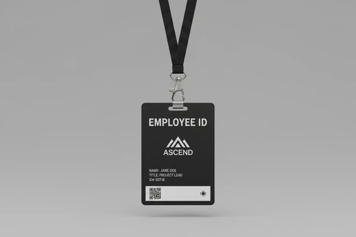 Black plastic employee ID card with white text on a black lanyard and metal clasp