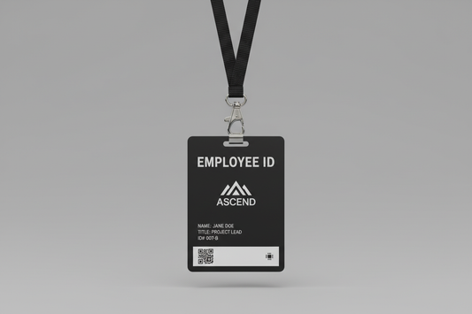A black plastic ID card with white printing attached to a standard black lanyard with a metal clasp