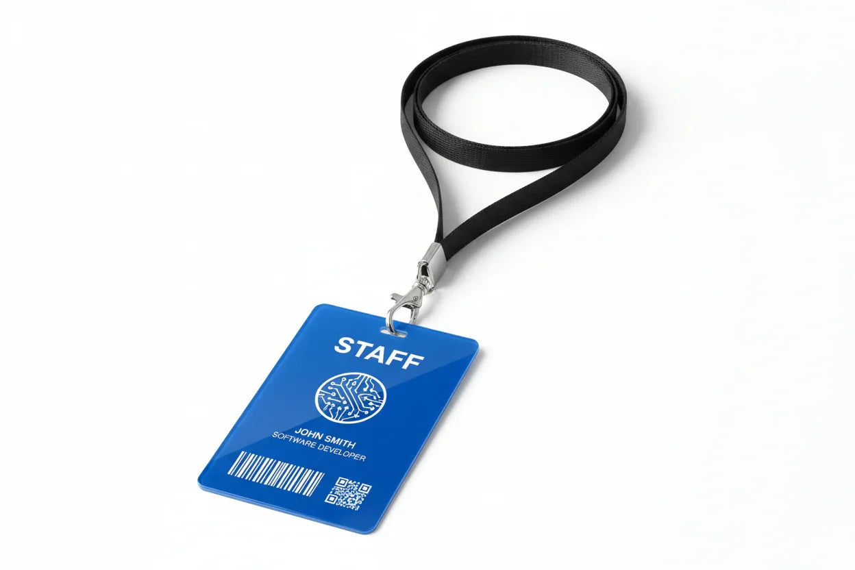 Blue PVC staff ID badge with white text and barcode on a black lanyard, metal clasp