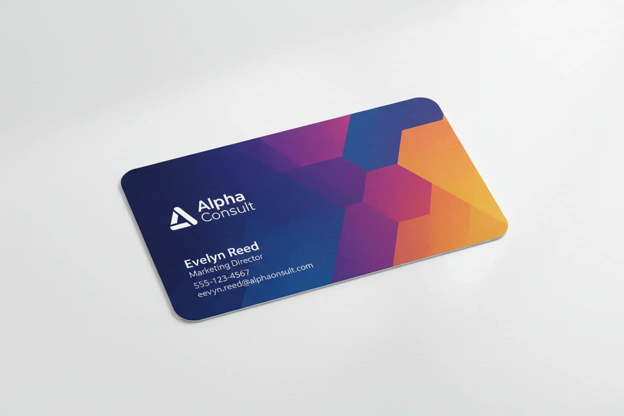 Colorful custom business card with rounded corners on white background, modern geometric design