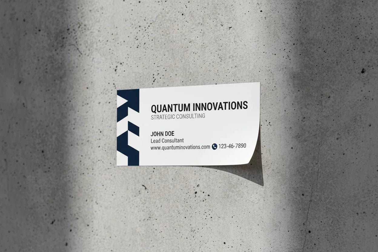 Custom business card sticker with company details adhered to a grey textured wall