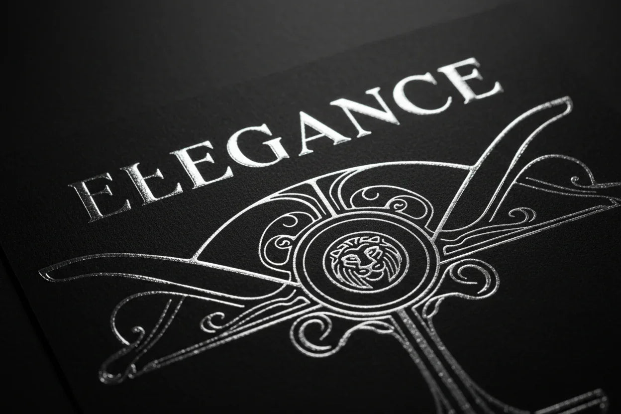 Elegance custom print design with lion emblem and ornate swirls on black background