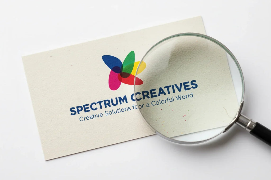 Colorful business card on natural stock with logo, magnified detail, white background
