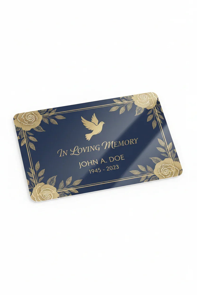 In Loving Memory memorial card with gold dove, roses, and navy background for funeral remembrance