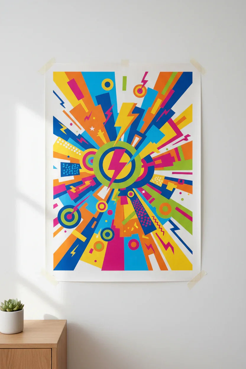 Colorful abstract poster with lightning bolt design on unframed paper, taped to a white wall.