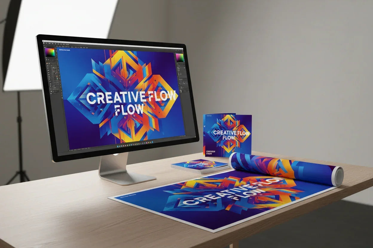 Creative Flow design on monitor, posters, and print materials for custom print services