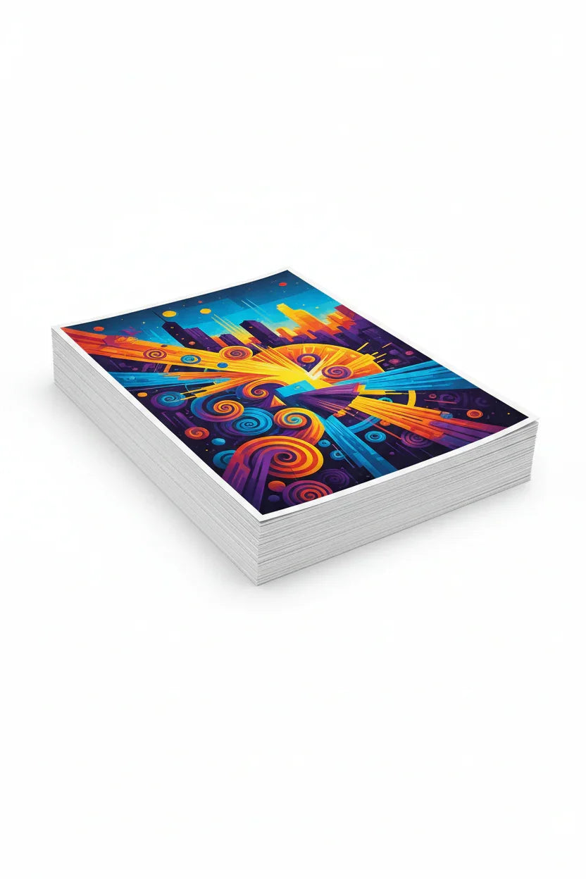 Vibrant abstract cityscape print posters with swirling colors and urban skyline design