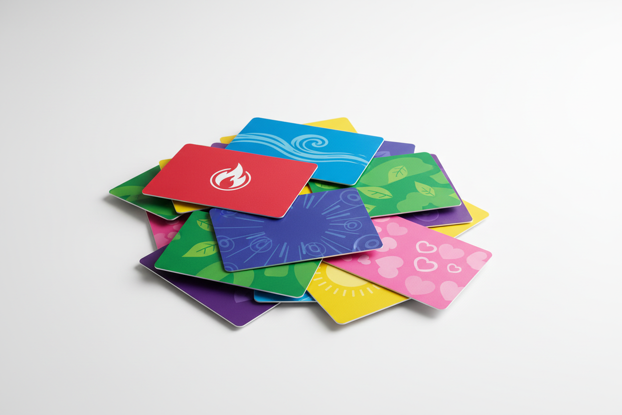 a pile of color gift cards on a white background