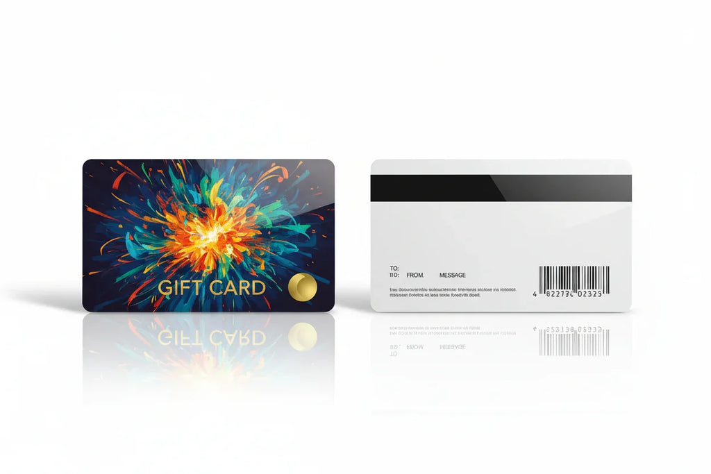 Colorful plastic gift card with abstract design, magnetic stripe, and barcode on back.