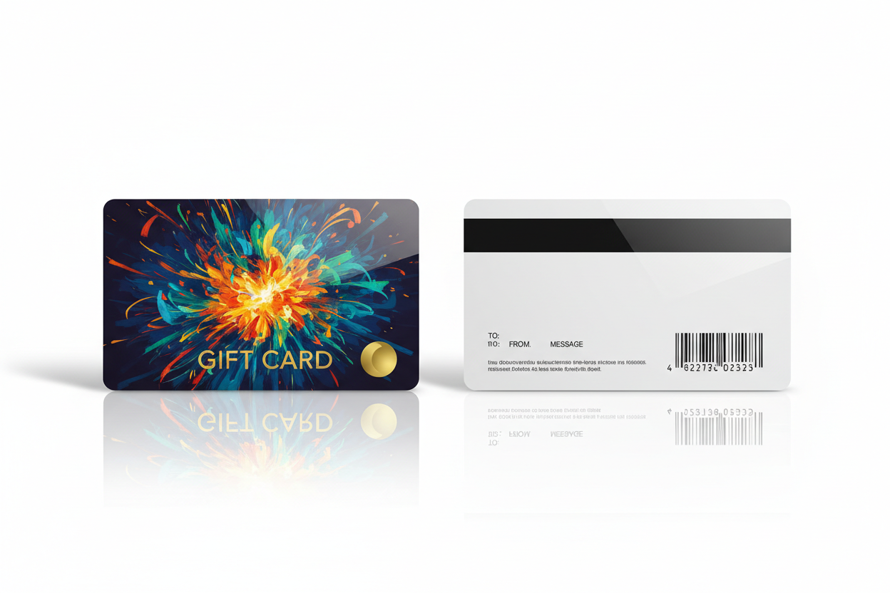 a plastic gift card in color with the front up next to a plastic gift card on the backside with a magstripe