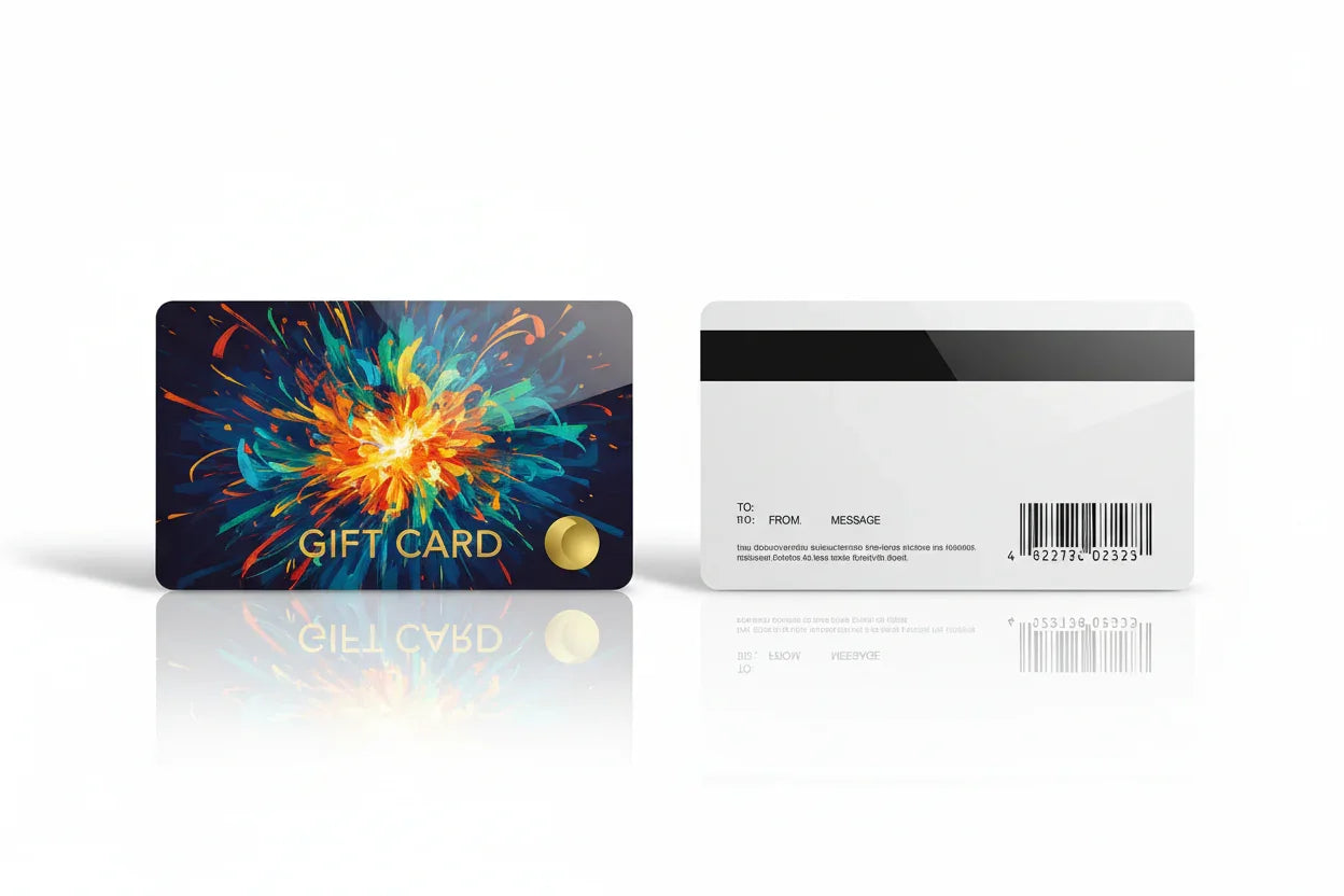 Colorful plastic gift card with abstract design, magnetic stripe, and barcode on back.