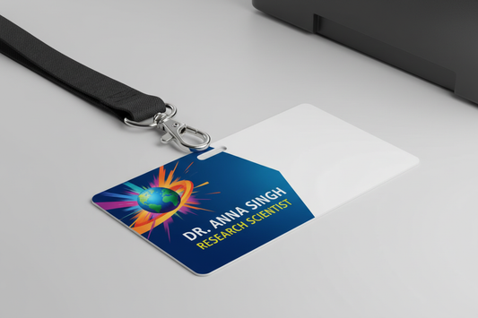 a plastic id card printing in color with a black lanyard with a metal clasp
