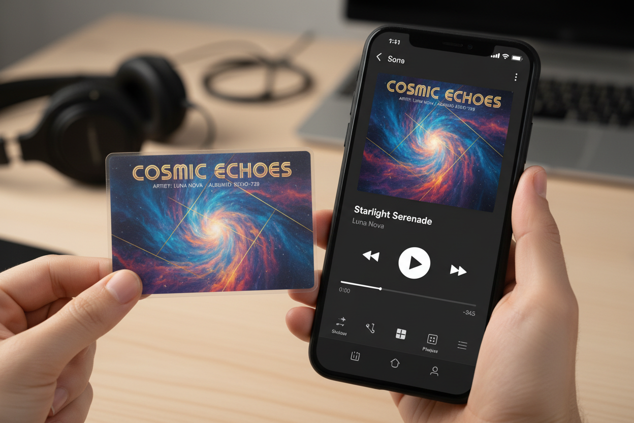 a plastic id card with album artwork on it held up to a smartphone that has the track loaded on a streaming service