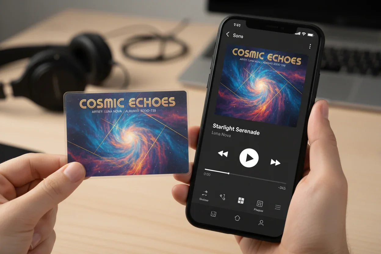 Plastic ID card with cosmic album artwork held next to smartphone showing same music track