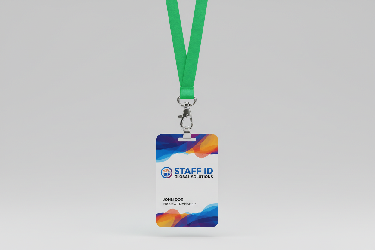 a plastic id card with color printing attached to a green lanyard with a metal clasp
